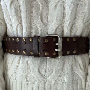 Vintage Womens Brown 100% Leather Studded Wide Hippie Waist Belt Sz M